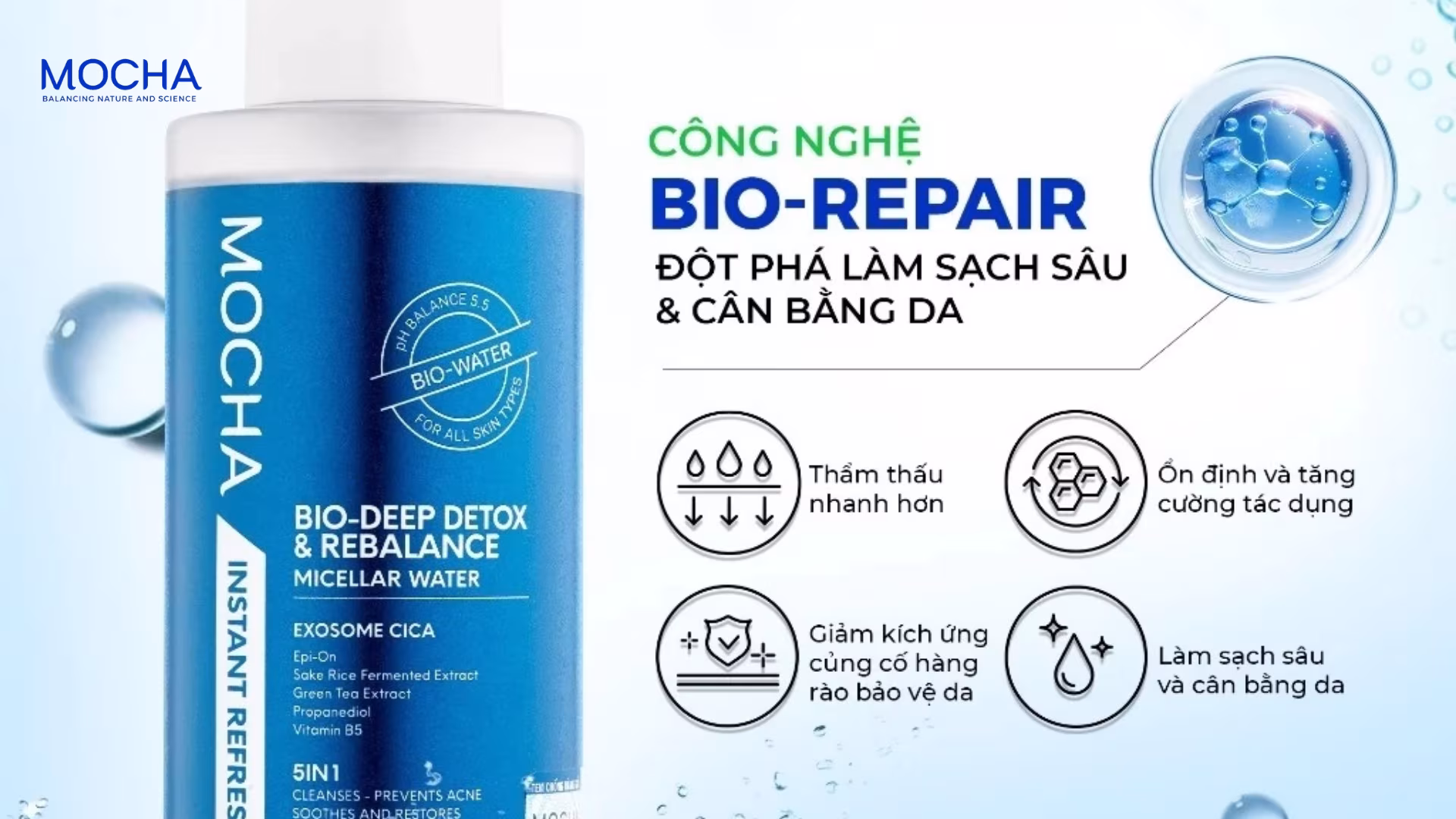 Nước tẩy trang dịu nhẹ Mocha: 3 công dụng làm sạch sâu và dịu nhẹ cho da